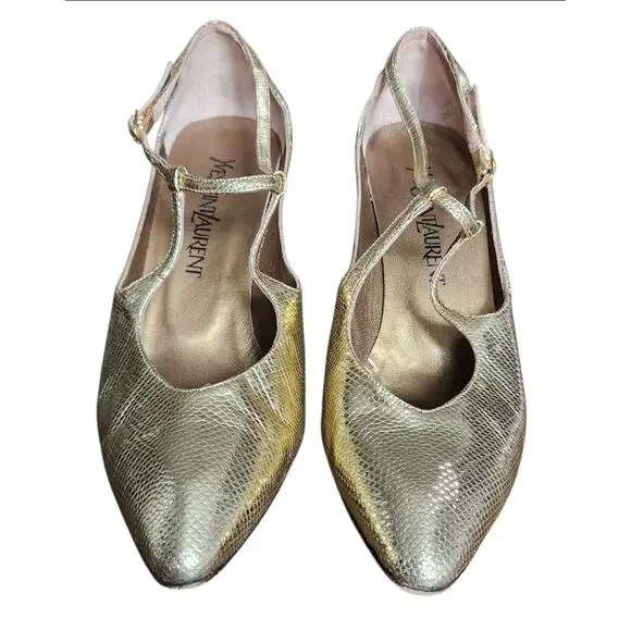 Vintage YSL Gold Metallic Python Embossed Leather Stiletto Mary Jane Pumps 7.5M - Picture 2 of 8